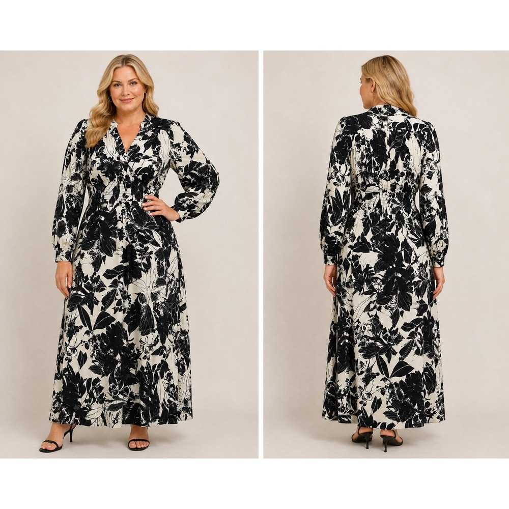Maggy London Maxi Dress Sz 12 Navy White Floral Smocked Waist Boho Tropical Chic